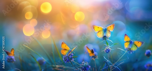 yellow and blue butterflies on the flower and bokeh  in the style of lens flares