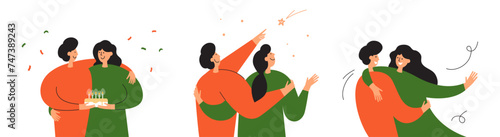 Love, romantic relationship. Happy people weekend activities. Couple hugging dancing, celebrating birthday or anniversary, looking at night sky star. Man and woman together. Vector illustrations set
