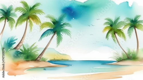 concept vacation  travel  Tropical beach with palm trees and serene lagoon. Travel concept for relaxation and tranquility. watercolor style 