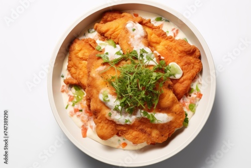 Delicious schnitzel in a clay dish against a white background