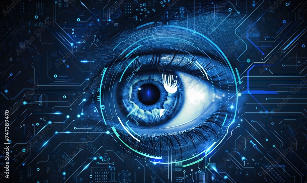 Dark blue glowing eye with digital technology and ophtalmology microchip printed board background Dark blue glowing eye with digital technology and ophtalmology microchip printed board background