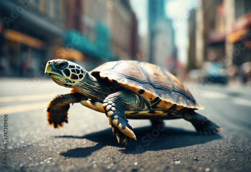 Turtle running extremely fast on busy city street Illustration
