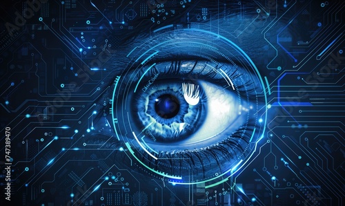 Dark blue glowing eye with digital technology and ophtalmology microchip printed board background