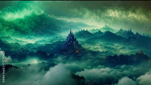 Abstract background animation of  landscape at night, illuminated by a greenish glow. A castle, surrounded by rugged terrains and enveloped in mist, stands prominently amidst the scene. photo