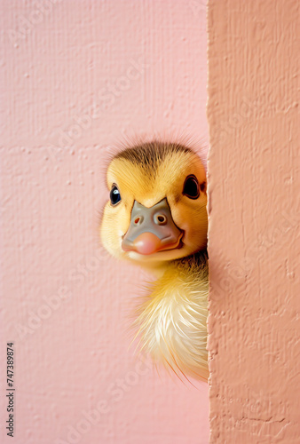 Gelbes Küken guckt neugierig um die Ecke einer rosa Wand - Konzept für Ostern und Ostergruß