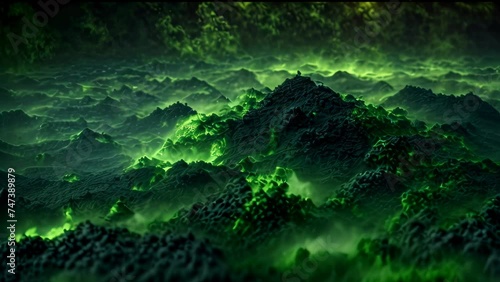 Abstract background animation of dark and mysterious landscape with an otherworldly aura. Rugged terrains dominate the scene, giving it a rough and untamed appearance. Green glowing lights are scatter