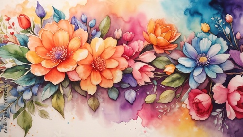 Watercolor flower border surrounds a canvas © Zahfran