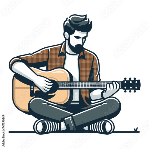 Musician man playing guitar acoustic vector illustration, male guitarist performing music, String instrument player design template isolated on white background