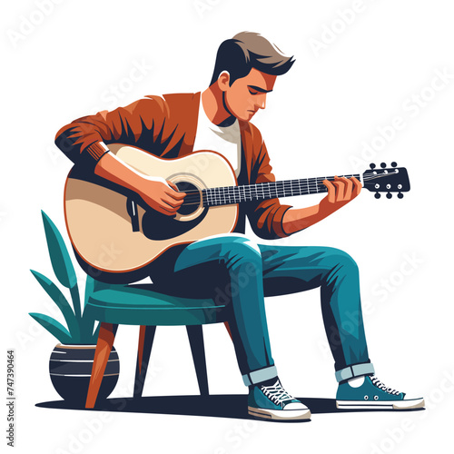Musician man playing guitar acoustic vector illustration, male guitarist performing music, String instrument player design template isolated on white background