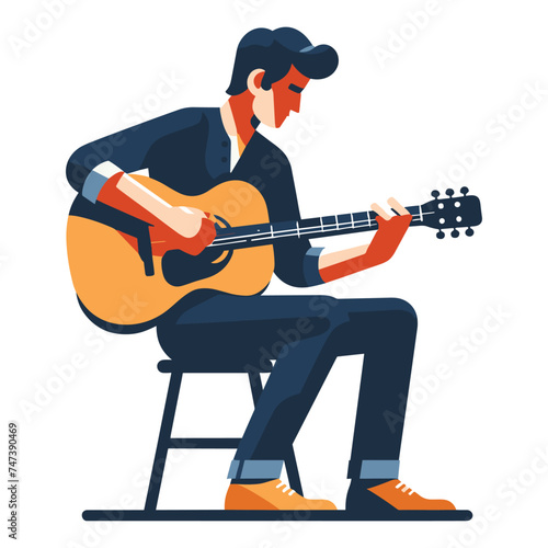 Musician man playing guitar acoustic vector illustration, male guitarist performing music, String instrument player design template isolated on white background