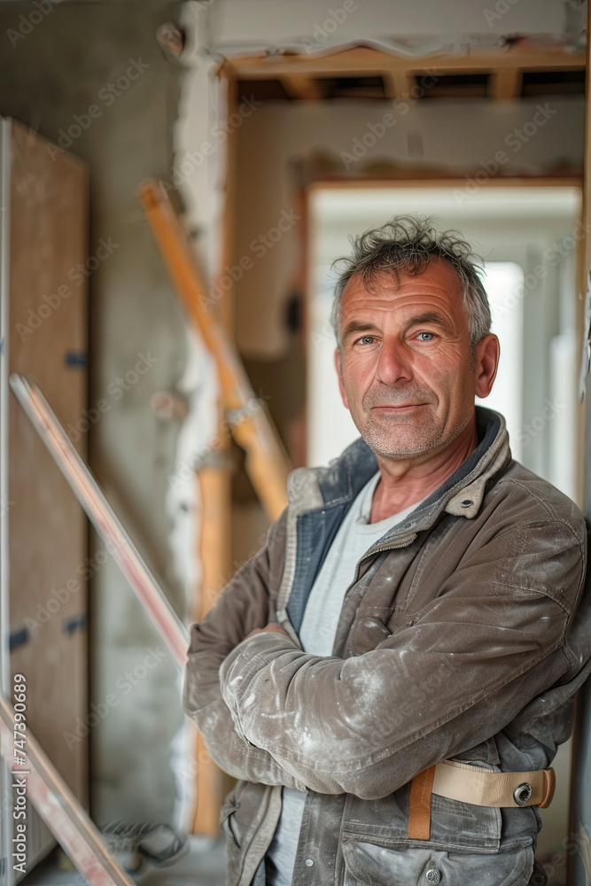 Portrait of mature man working in his new unfinished house Portrait of mature man working in his new unfinished house