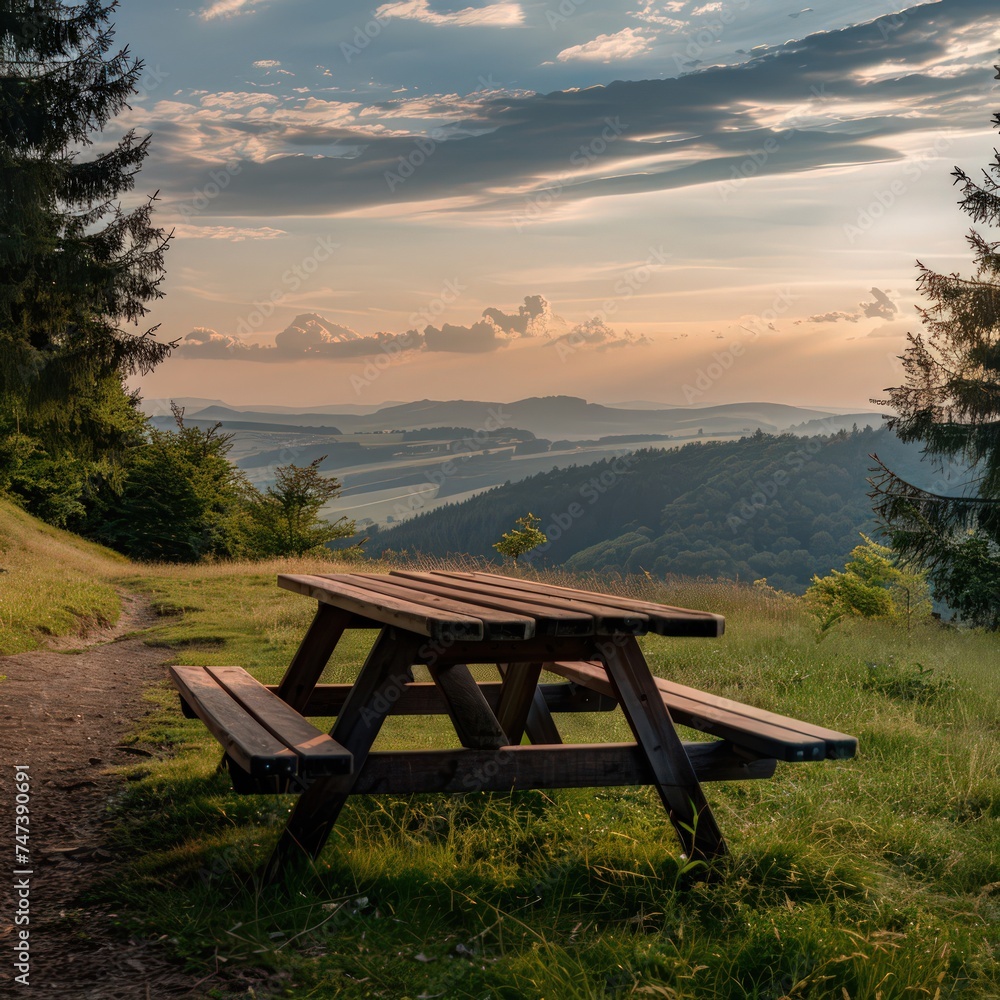 one image of a picnic table on mountain hills, in the style of nabis, brown