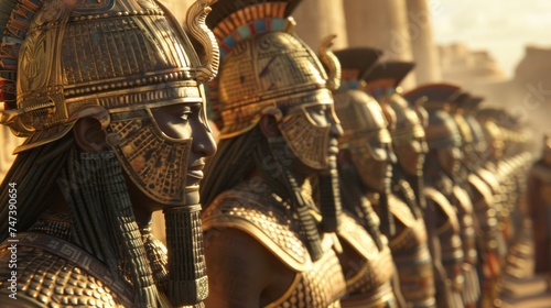 A row of Akkadian soldiers stands at attention their bronze helmets gleaming in the sun as they await their commanders orders.