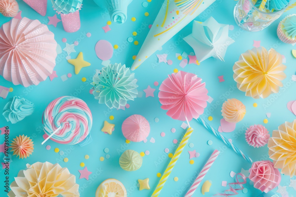 overlay of birthday decorations and supplies with top view on turquoise, in the style of pastel toned overlay of birthday decorations and supplies with top view on turquoise, in the style of pastel toned