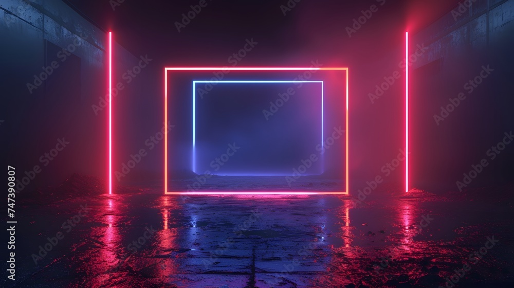 Rectangle picture frame neon color shade. pink, red, blue light for overlay element. frame for template and layout on the wall background. copy space. mockup. Rectangle picture frame neon color shade. pink, red, blue light for overlay element. frame for template and layout on the wall background. copy space. mockup.