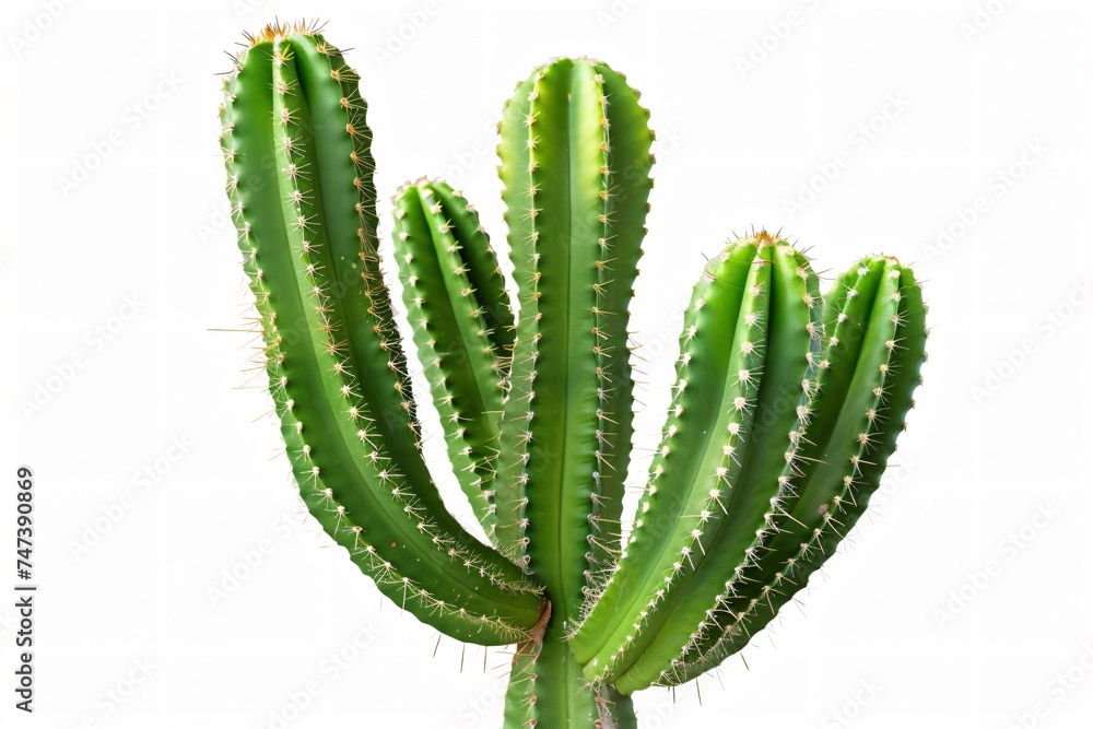 A vibrant green cactus with sharp spikes standing tall against a stark white background highlighting its unique texture and shape A vibrant green cactus with sharp spikes standing tall against a stark white background highlighting its unique texture and shape