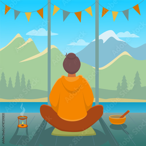 Woman is practicing meditation sitting in Siddhasana on the terrace of hut. Mountain landscape with lake. Vector color illustration