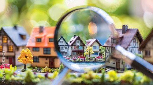 Magnifying glass over residential house: exploring new home options in rental market photo