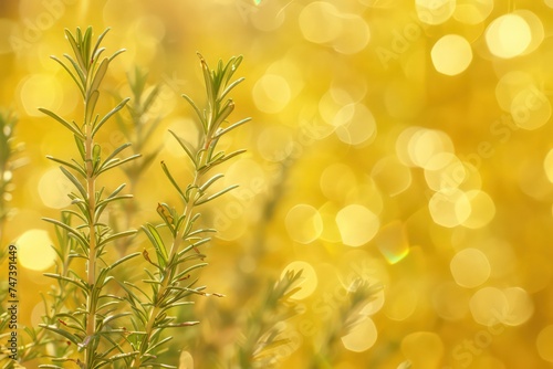 rosemary with a yellow background, in the style of soft color fields, lens flare