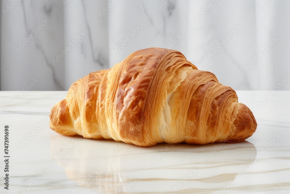 Refined croissant on a marble slab against a white background