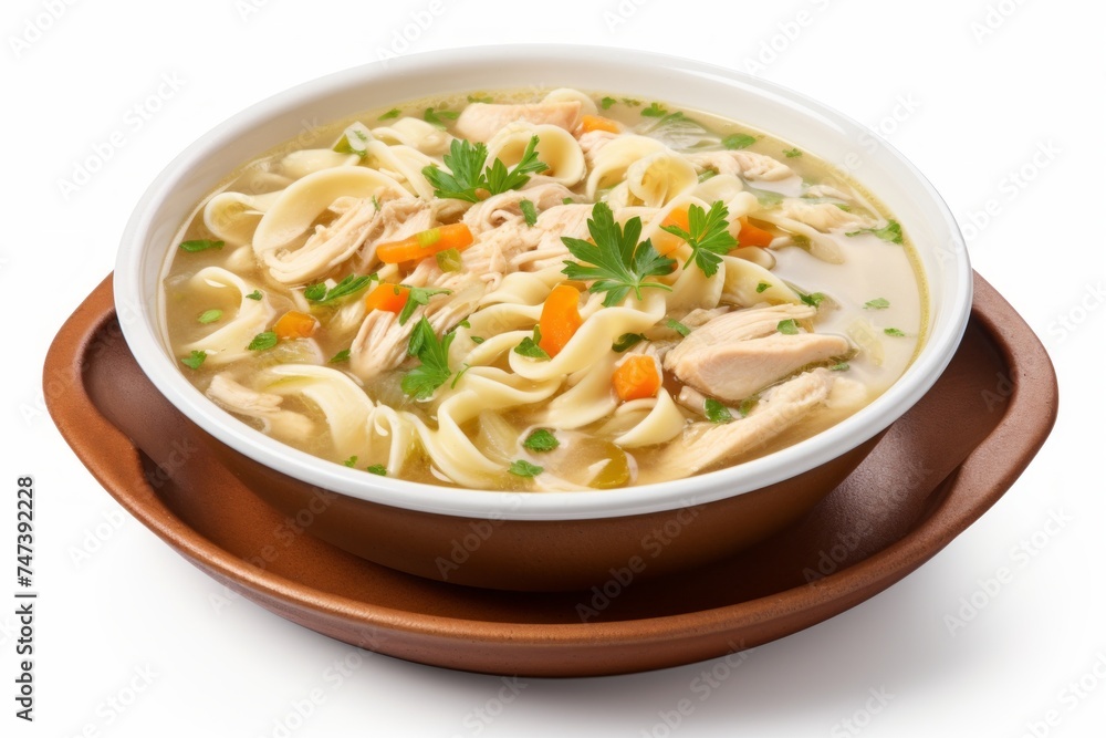 Tempting chicken noodle soup on a ceramic tile against a white background Tempting chicken noodle soup on a ceramic tile against a white background