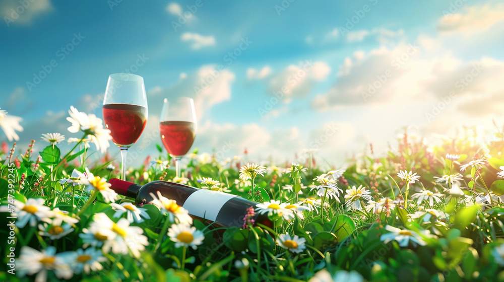 Fototapeta premium Two glasses of red wine and bottle on green grass with flowers.