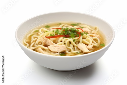 Tempting chicken noodle soup on a ceramic tile against a white background