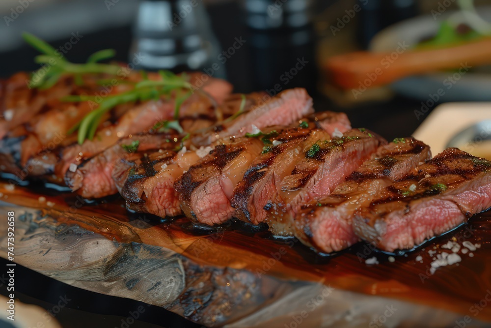 steaks sliced on a board, in the style of dark gray and red, traditional