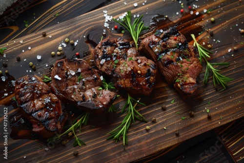 steaks on a wooden board with herbs  spices and salt  in the style of dark gray and light crimson
