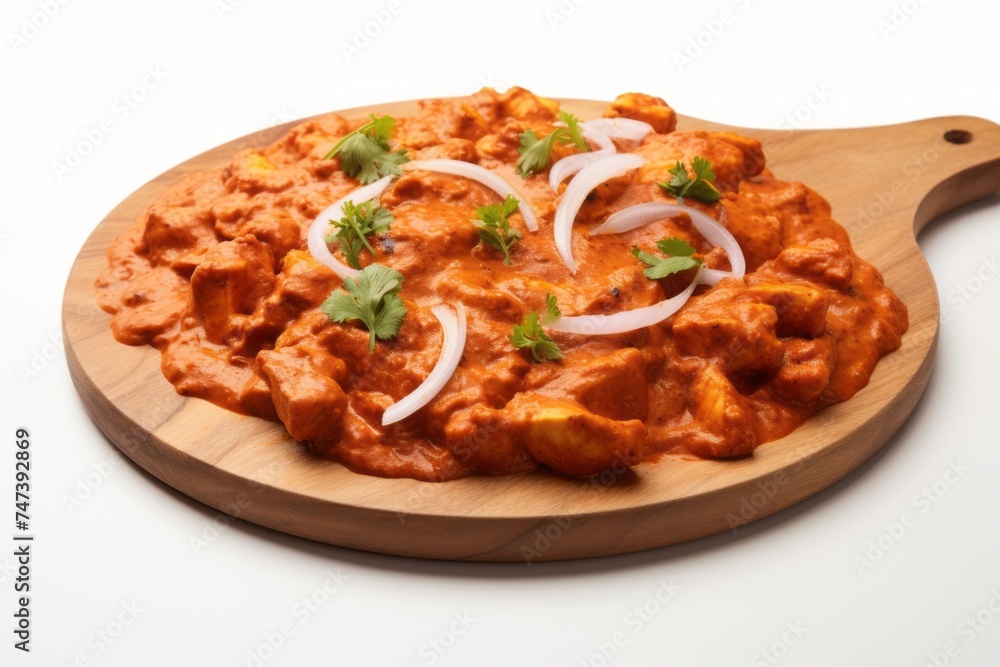 Juicy chicken tikka masala on a wooden board against a white background Juicy chicken tikka masala on a wooden board against a white background