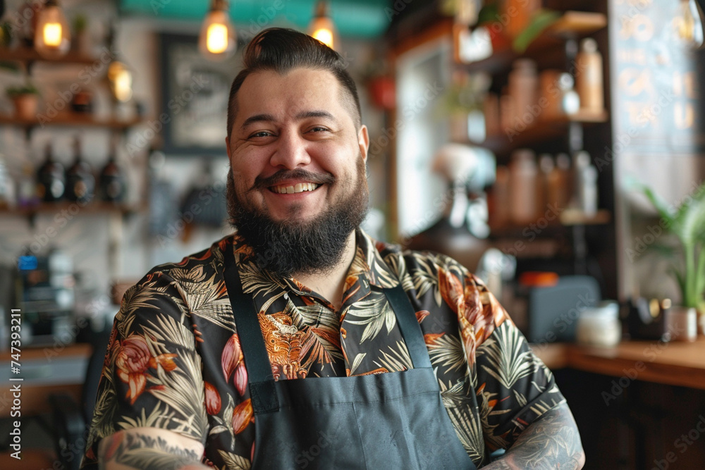 Portrait of a handsome bearded man in apron smiling while standing in hairsaloon Portrait of a handsome bearded man in apron smiling while standing in hairsaloon