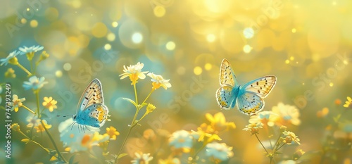 butterflies fly in the background of some flowers, in the style of light yellow and azure