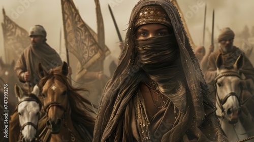 A skilled female Moorish warrior her face covered in a veil and her long hair flowing behind her confidently leads her fellow cavalrymen into battle.