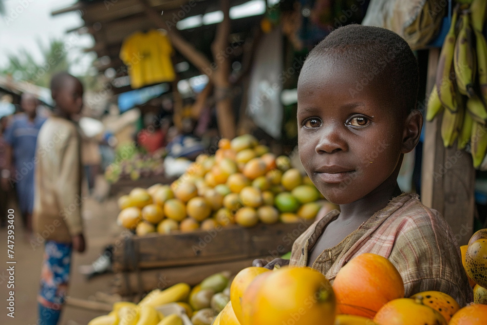 Fototapeta premium Portrait of a cute little African boy smiling at the local market.
