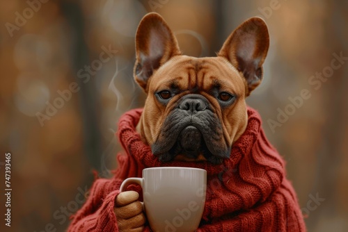 Dog bulldog with a cup of hot coffee
