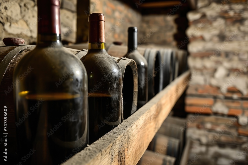 Several bottles of quality wine, stored horizontally in an ancient