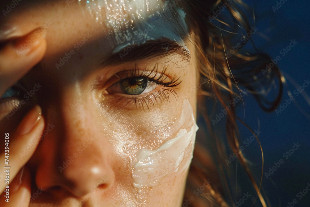 Portrait of a young woman applying cream on her face in the morning