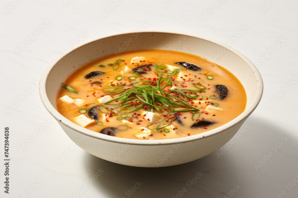 Exquisite miso soup on a marble slab against a white background Exquisite miso soup on a marble slab against a white background