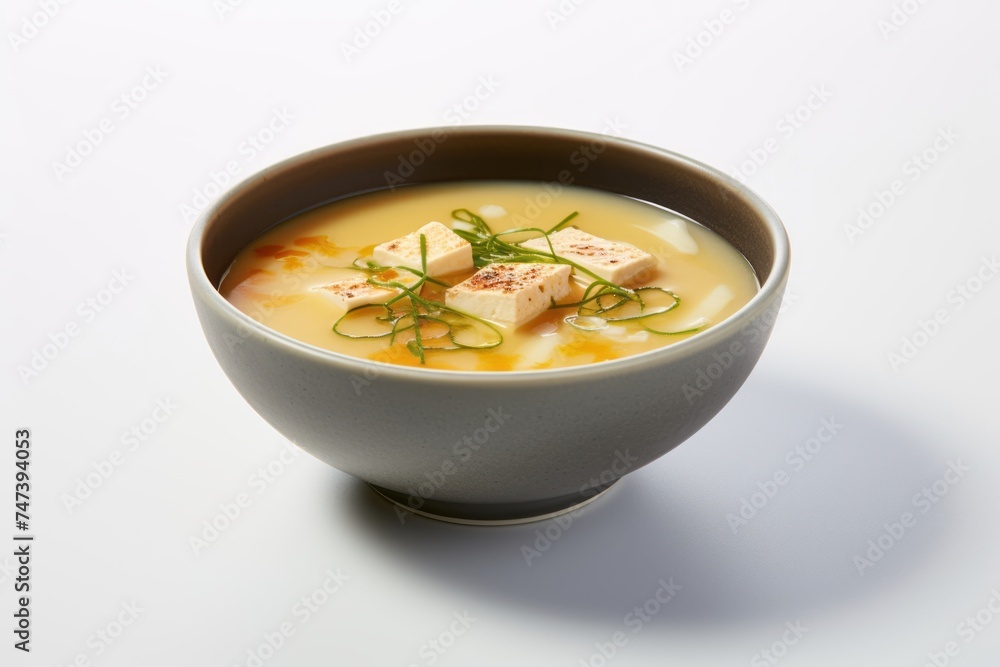 Exquisite miso soup on a marble slab against a white background Exquisite miso soup on a marble slab against a white background