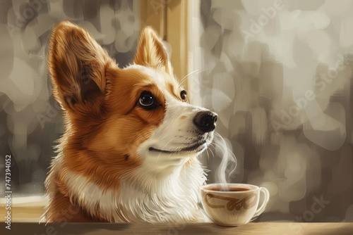 Dog corgi with a cup of hot coffee