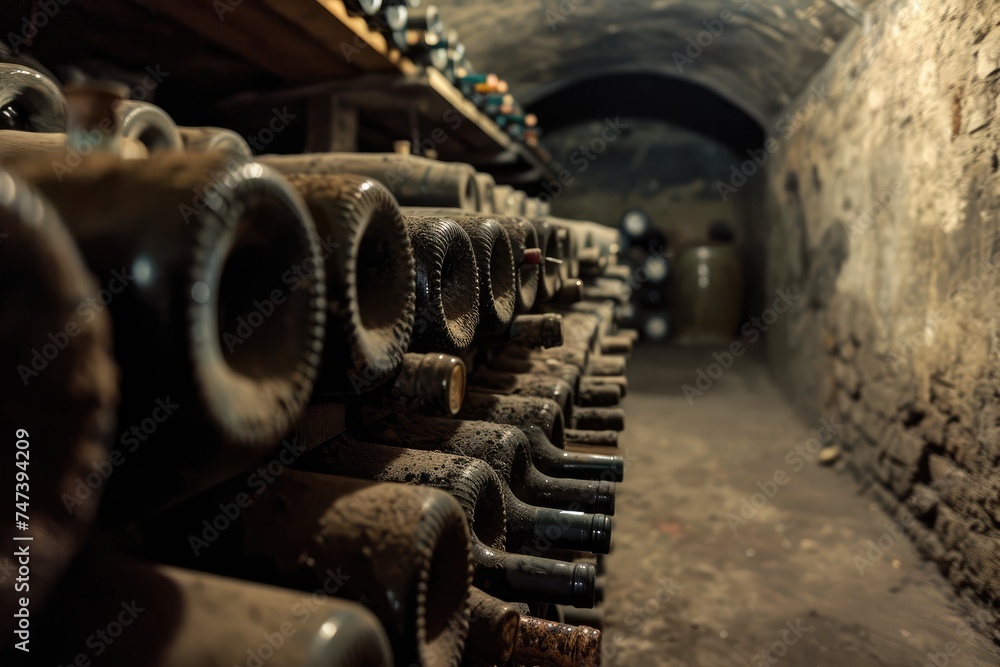 Several bottles of quality wine, stored horizontally in an ancient