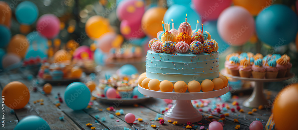 birthday cake with candles and balloons on a wooden table, horizontal banner greeting, celebration for a child