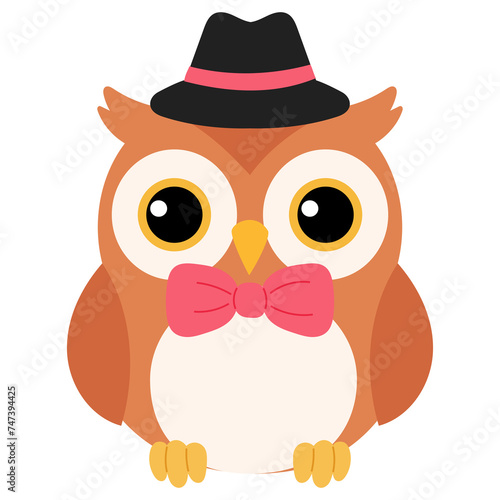 happy cute owl with bow tie and hat illustration 