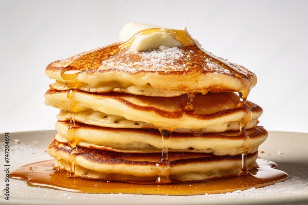 Juicy pancakes on a rustic plate against a white background Juicy pancakes on a rustic plate against a white background