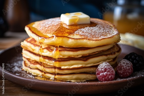 Juicy pancakes on a rustic plate against a white background