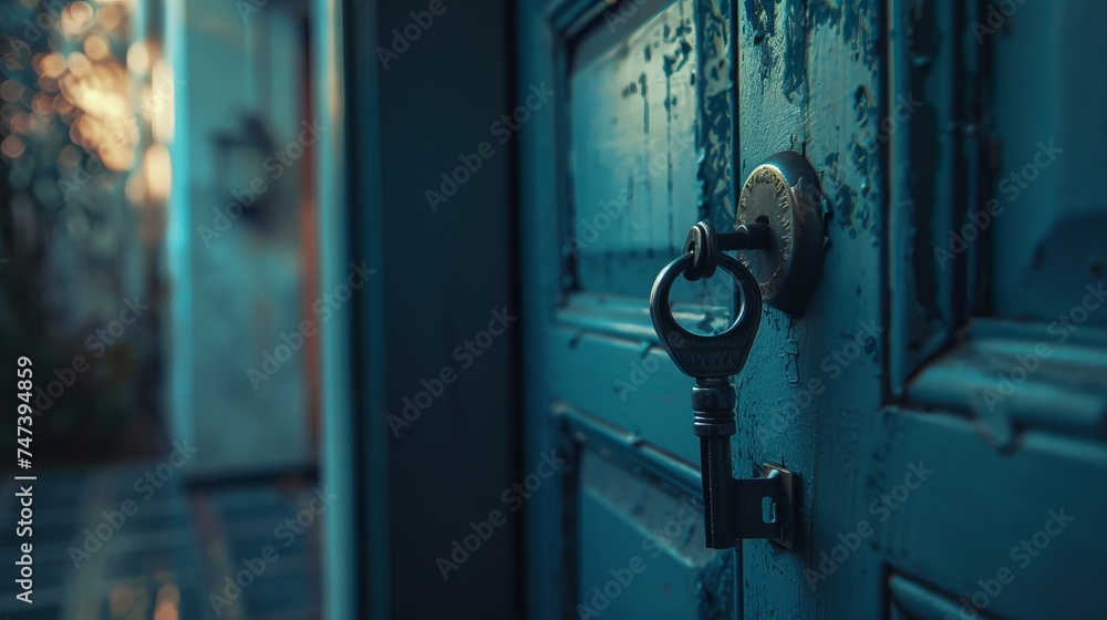 Unlocking home: landlord's key in door - real estate concept, second hand house for rent/sale Unlocking home: landlord's key in door - real estate concept, second hand house for rent/sale