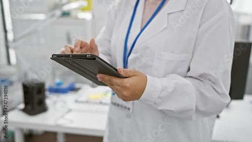 A professional woman scientist in a lab coat uses a tablet in a laboratory setting, symbolizing technology in healthcare. photo