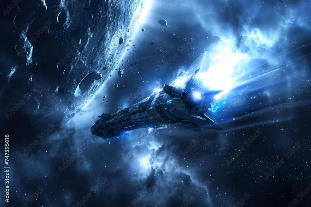 A spacecraft in deep space enveloped in a blue energy shield protecting ...