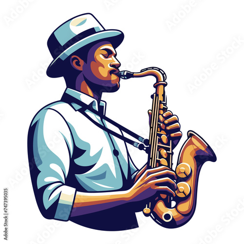 Musician playing saxophone, music player performing solo, holding sax instrument in hands, man saxophonist, jazz and blues performance. Flat vector illustration isolated on white background