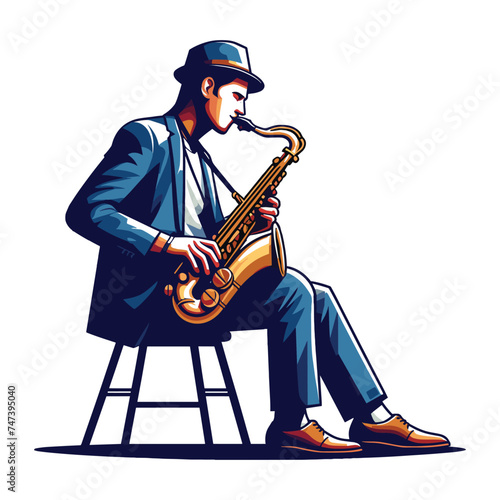 Musician playing saxophone, music player performing solo, holding sax instrument in hands, man saxophonist, jazz and blues performance. Flat vector illustration isolated on white background